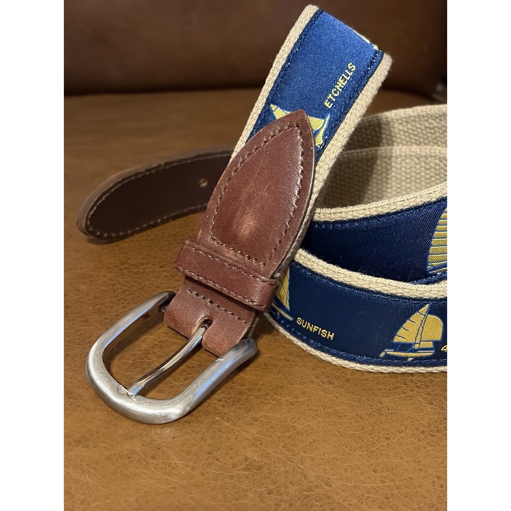Belted Cow Co Nautical Sailboat Ribbon Club Belt Mens 44 Leather Preppy Yacht - Picture 3 of 7